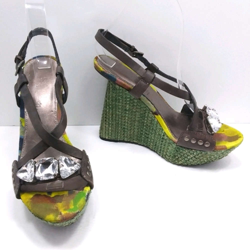 SAM EDELMAN Abstract Fabric & Woven Straw Recessed Platform Wedge Bling …